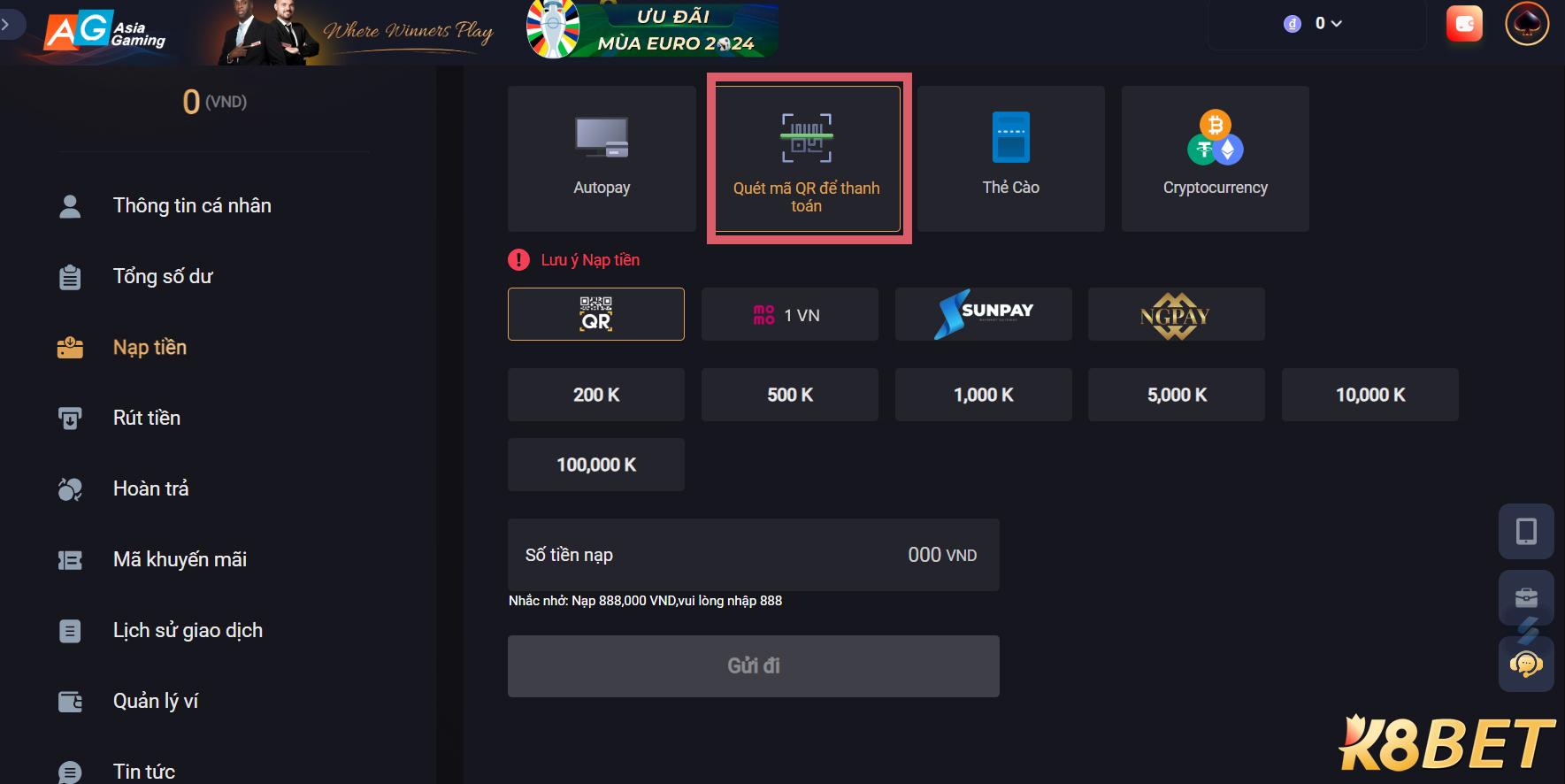 Hướng dẫn nạp tiền trên điện thoại di động với ứng dụng K8bet